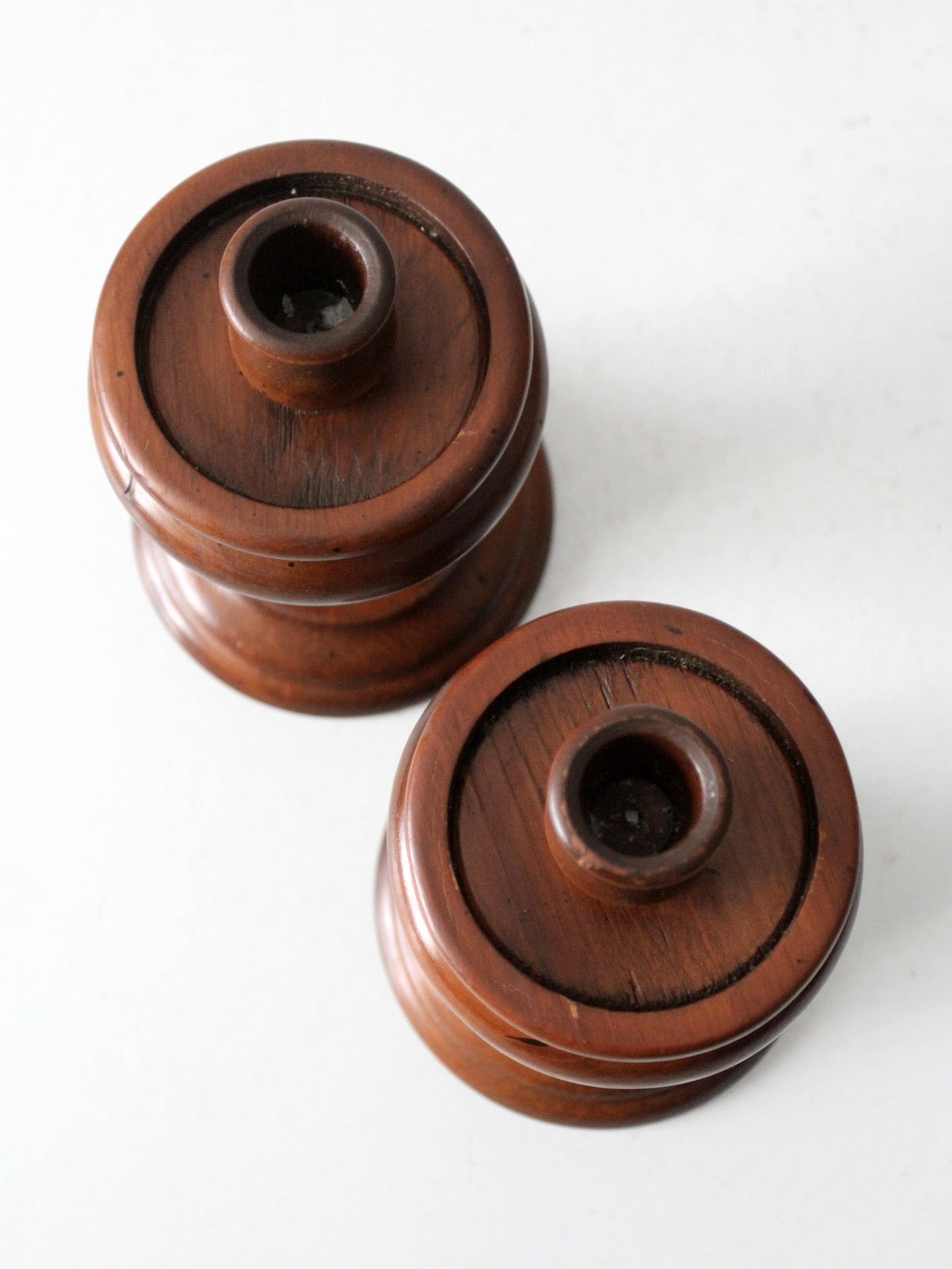 vintage turned wooden candlestick holders pair