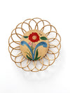 vintage hand-painted floral tray with rattan border