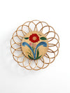 vintage hand-painted floral tray with rattan border
