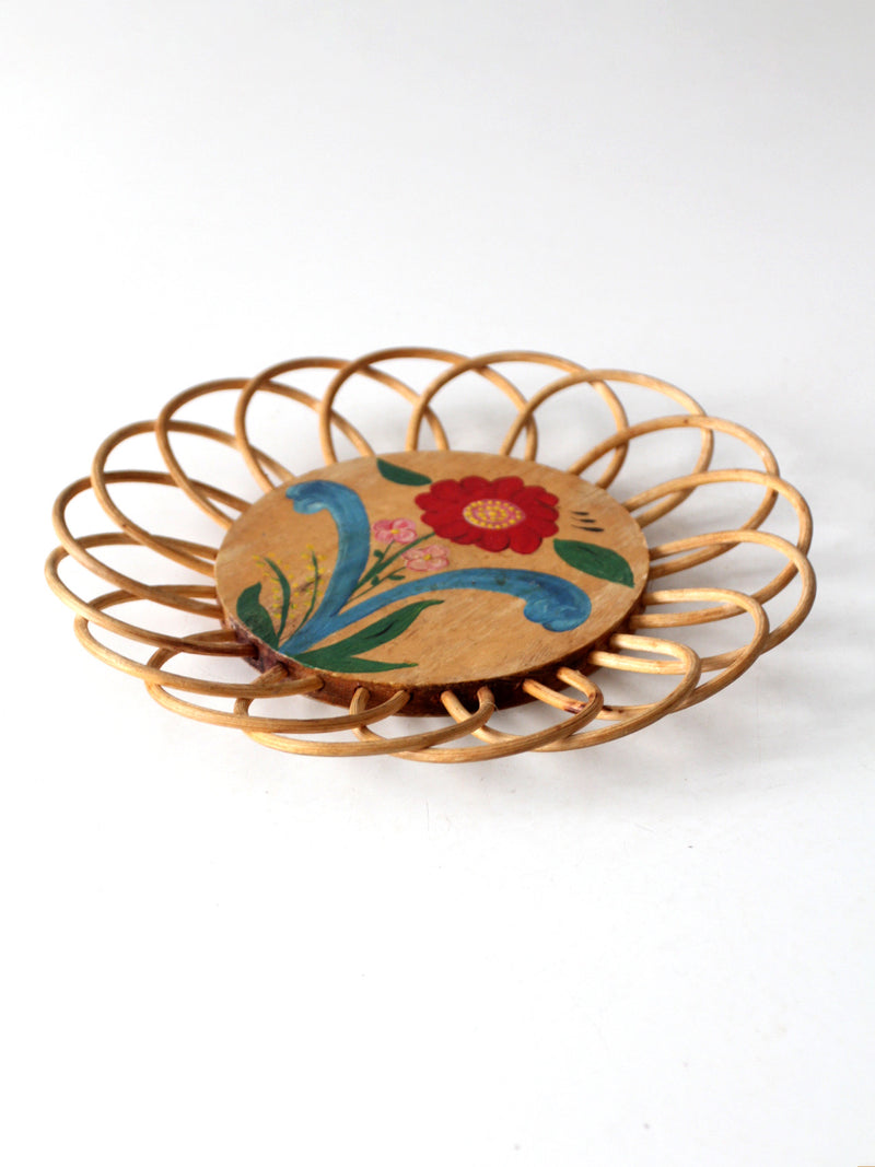 vintage hand-painted floral tray with rattan border