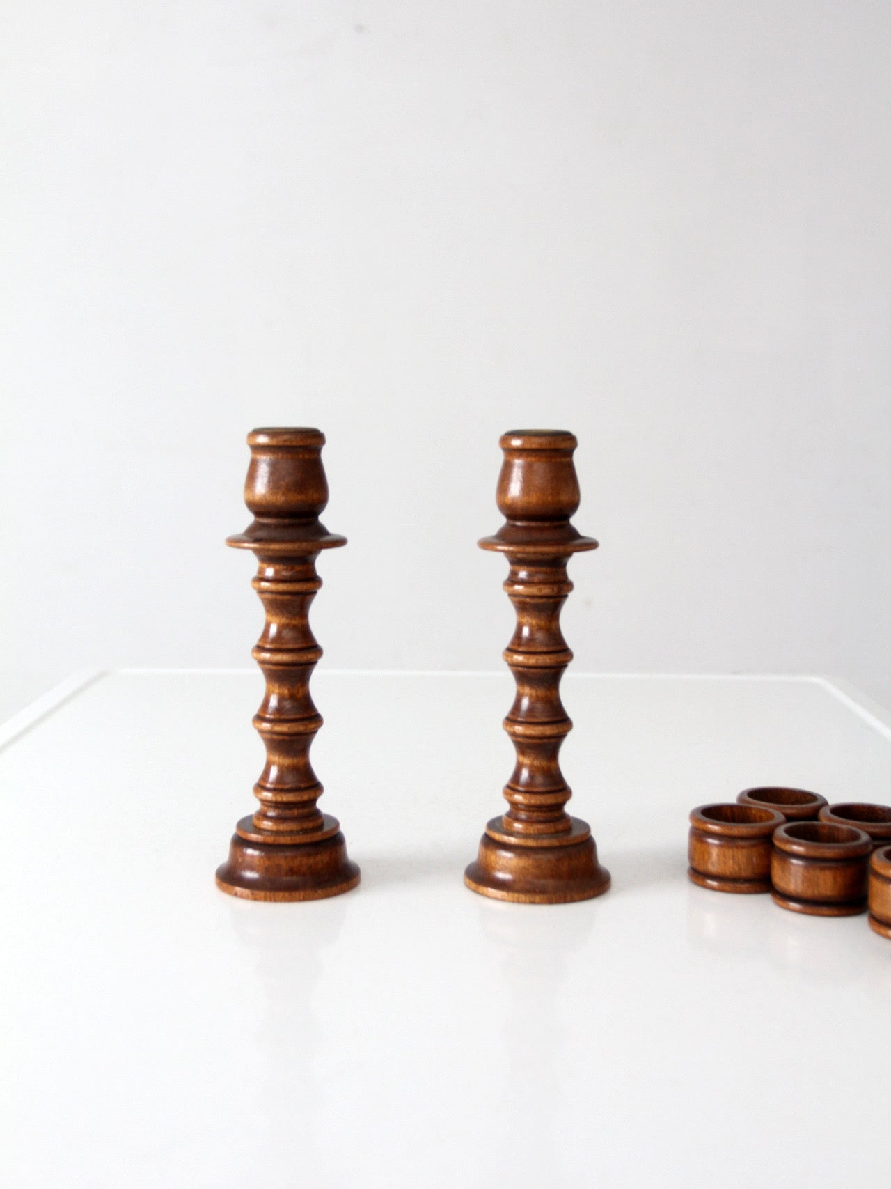 pair of vintage modular wood candlestick holders