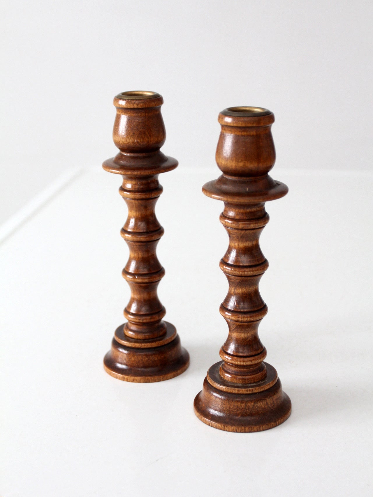 pair of vintage modular wood candlestick holders
