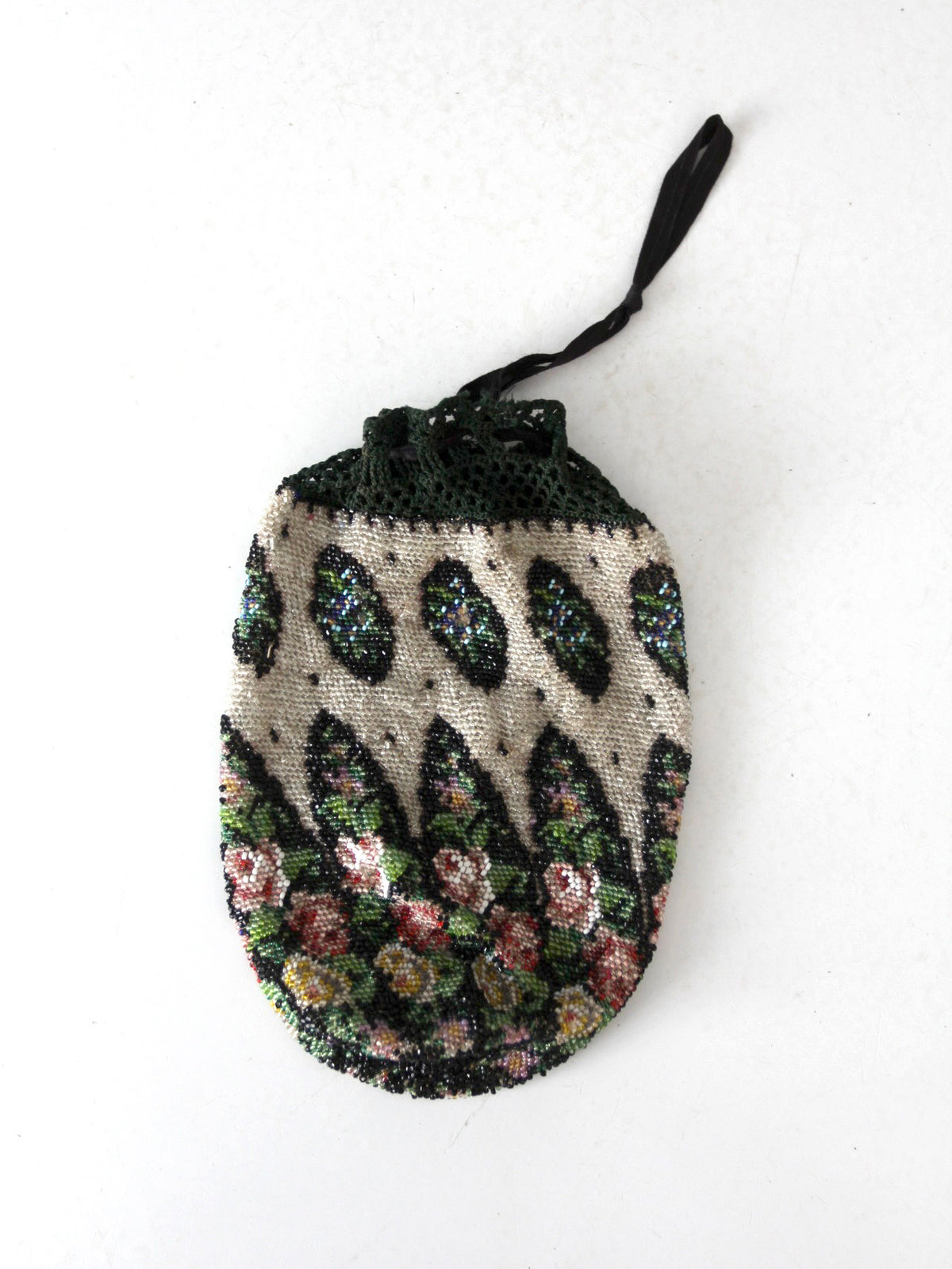 antique Edwardian floral micro beaded drawstring purse
