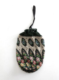 antique Edwardian floral micro beaded drawstring purse