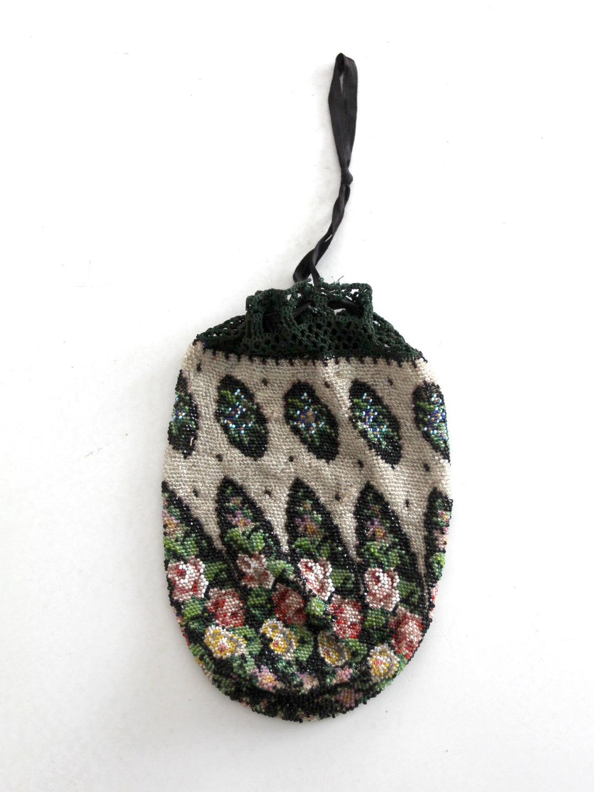 antique Edwardian floral micro beaded drawstring purse