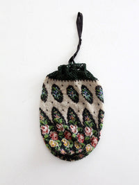 antique Edwardian floral micro beaded drawstring purse