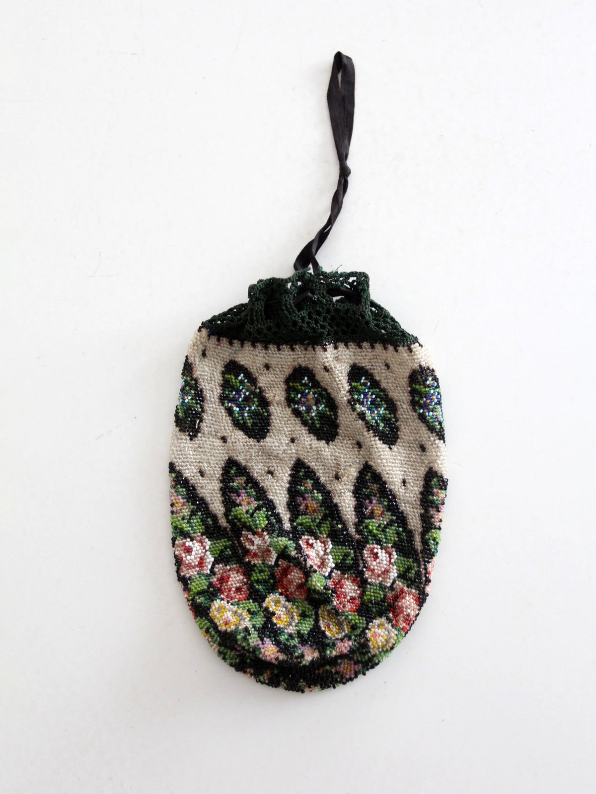 antique Edwardian floral micro beaded drawstring purse