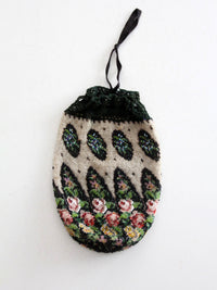 antique Edwardian floral micro beaded drawstring purse