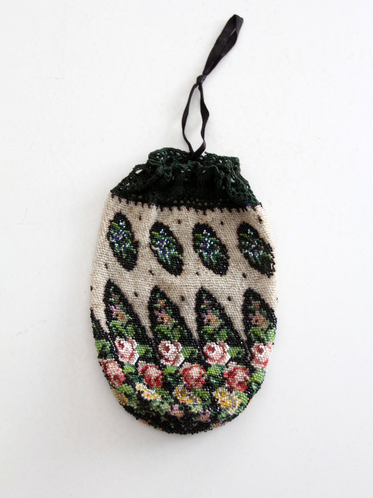 antique Edwardian floral micro beaded drawstring purse