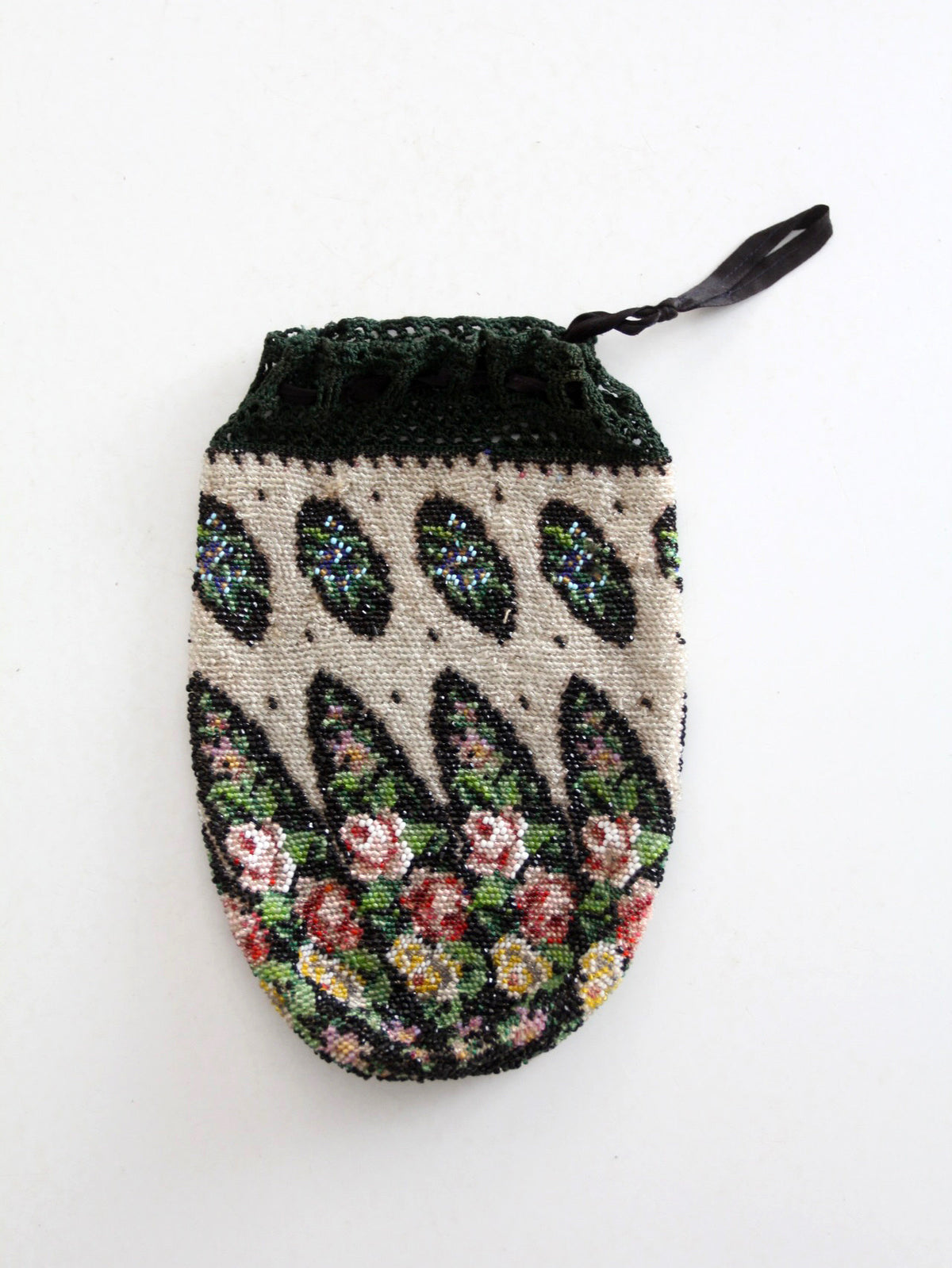 antique Edwardian floral micro beaded drawstring purse
