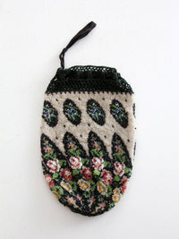 antique Edwardian floral micro beaded drawstring purse
