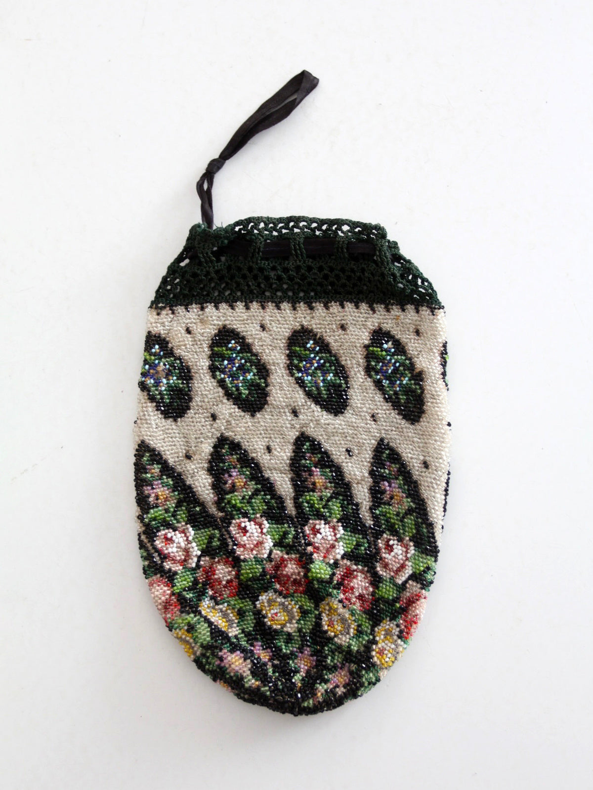 antique Edwardian floral micro beaded drawstring purse