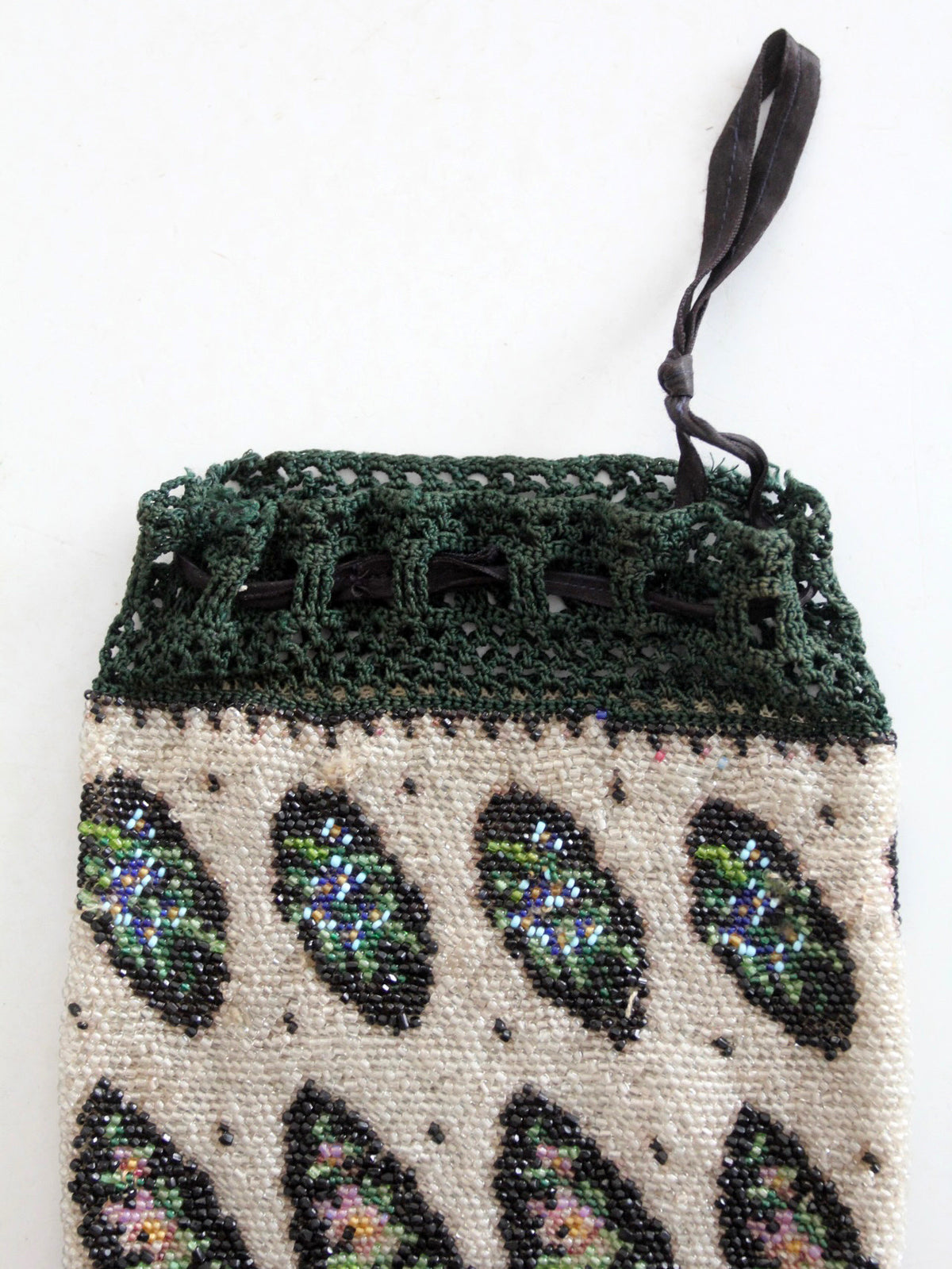 antique Edwardian floral micro beaded drawstring purse