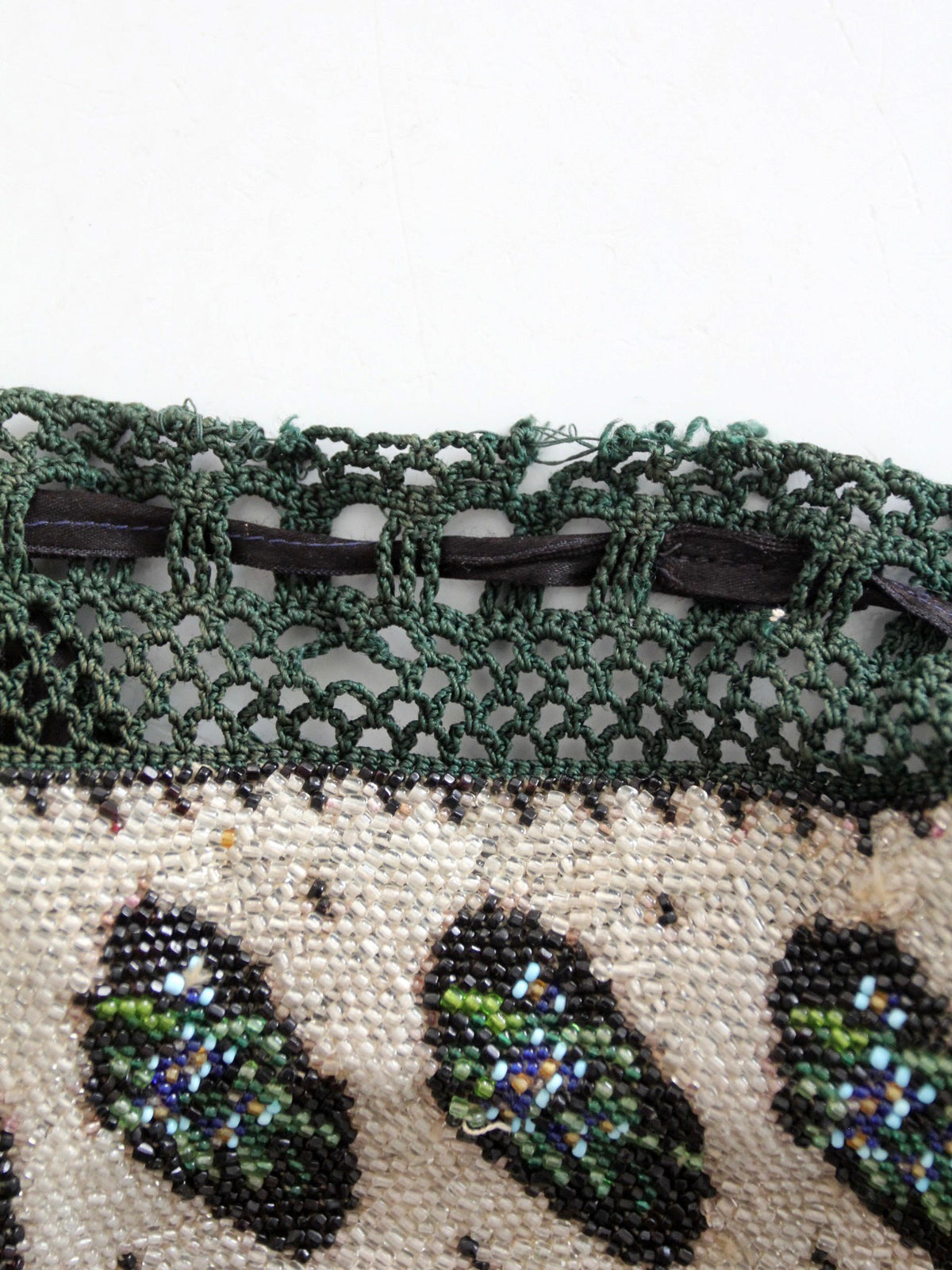 antique Edwardian floral micro beaded drawstring purse
