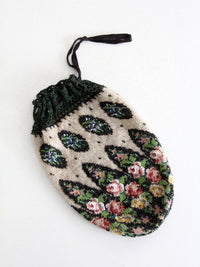 antique Edwardian floral micro beaded drawstring purse