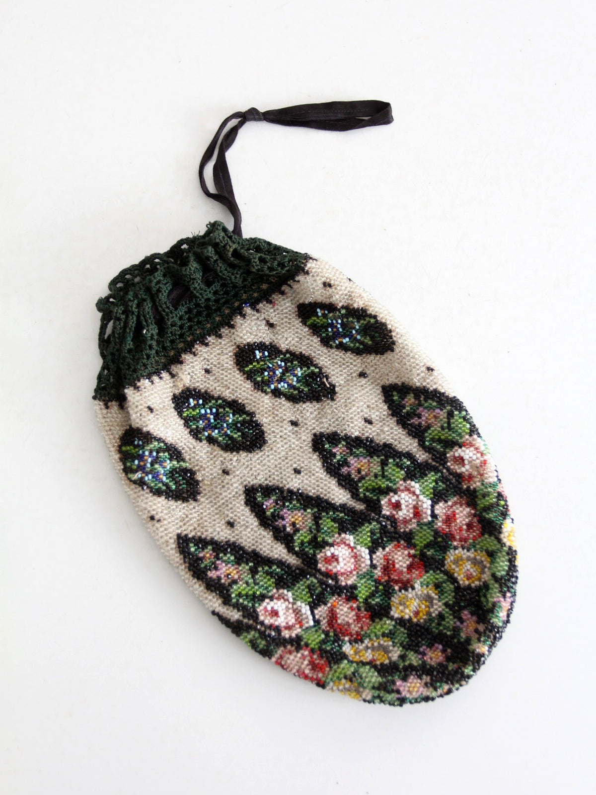 antique Edwardian floral micro beaded drawstring purse