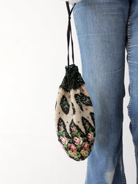 antique Edwardian floral micro beaded drawstring purse