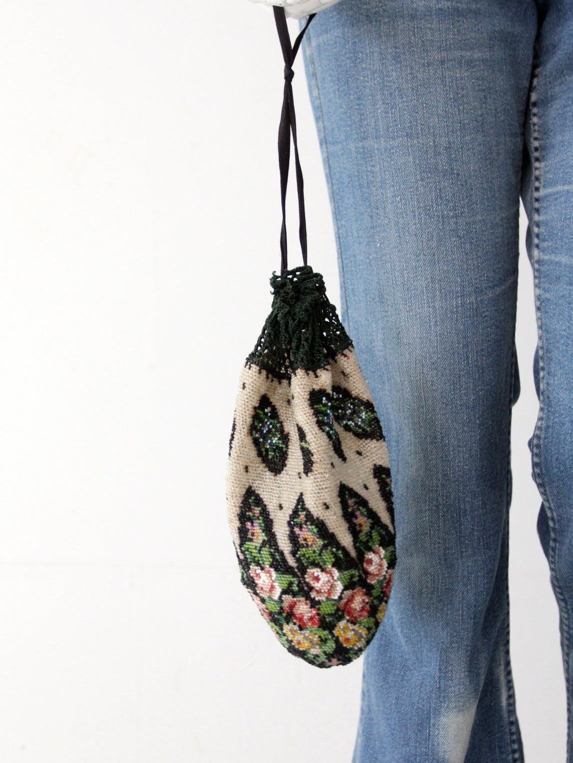 antique Edwardian floral micro beaded drawstring purse