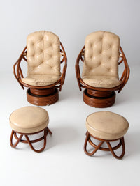 vintage 1970s rattan swivel lounge chairs with ottomans