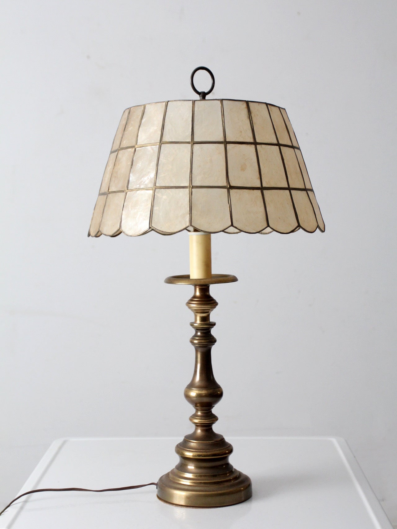 mid-century brass table lamp with Capiz shell shade
