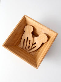 vintage bamboo salad serving bowl with hand-shaped servers