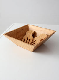 vintage bamboo salad serving bowl with hand-shaped servers