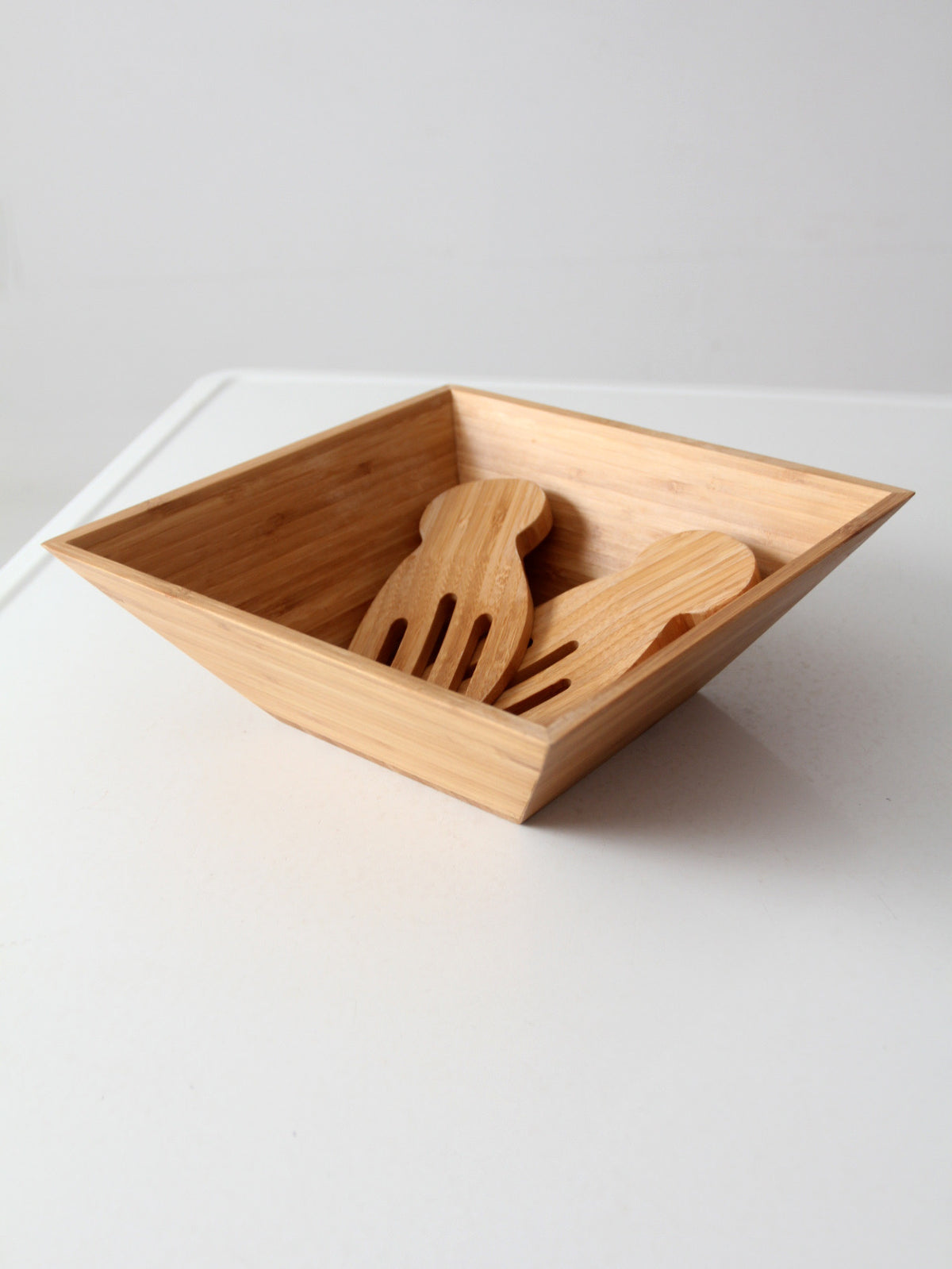 vintage bamboo salad serving bowl with hand-shaped servers