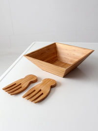 vintage bamboo salad serving bowl with hand-shaped servers