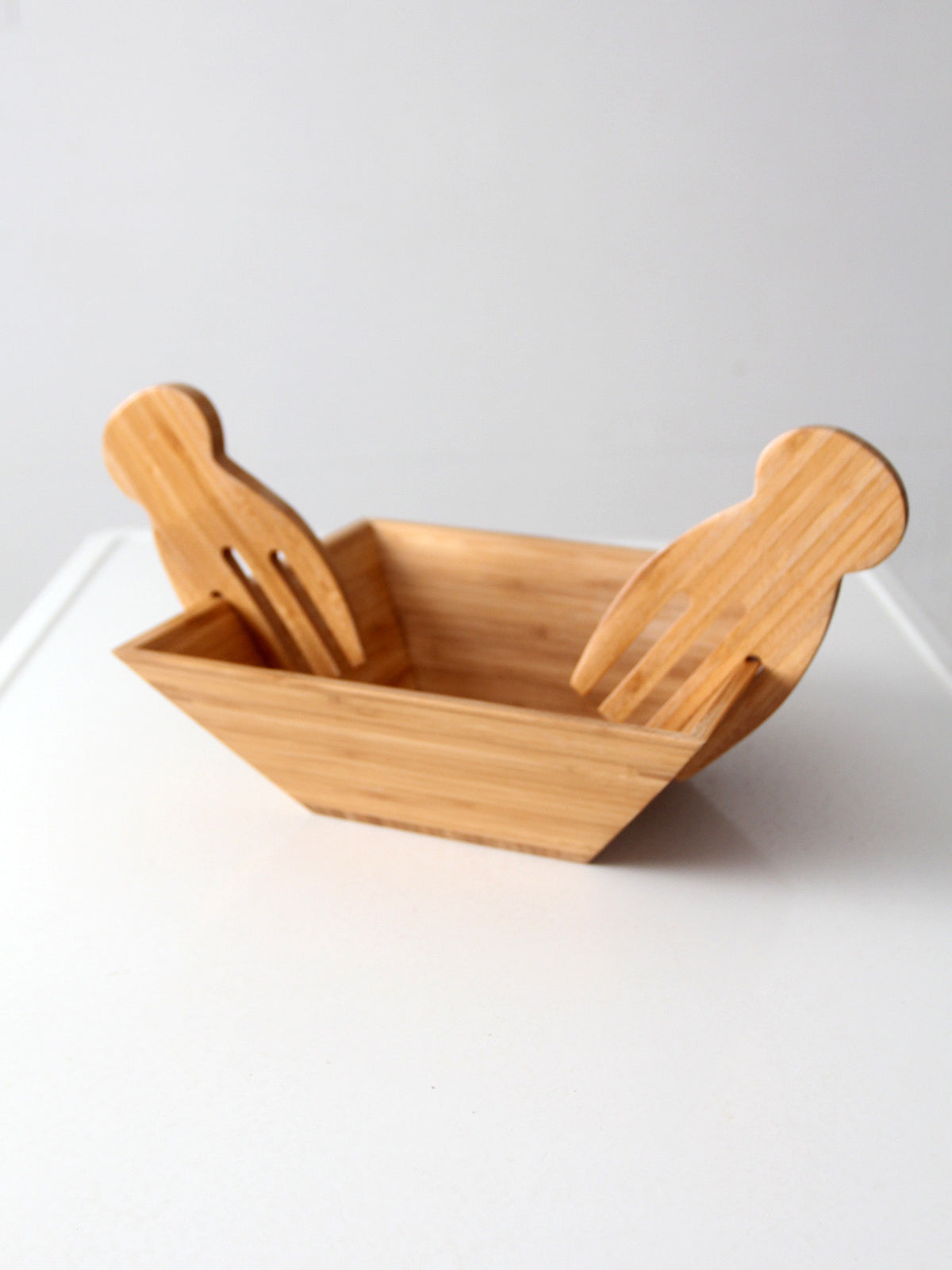 vintage bamboo salad serving bowl with hand-shaped servers