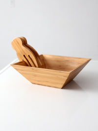 vintage bamboo salad serving bowl with hand-shaped servers