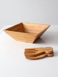 vintage bamboo salad serving bowl with hand-shaped servers