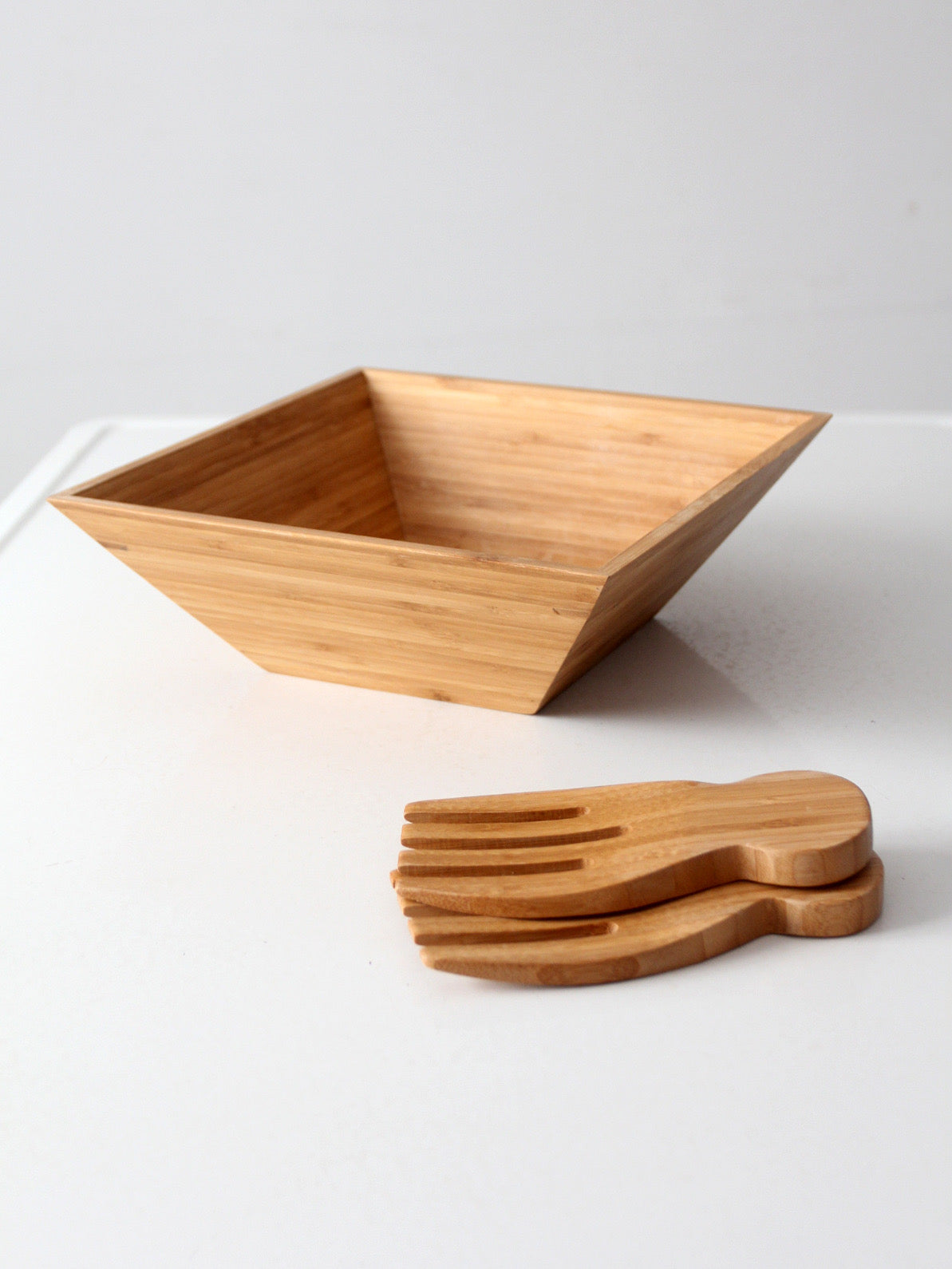 vintage bamboo salad serving bowl with hand-shaped servers