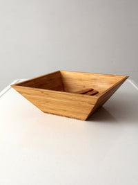 vintage bamboo salad serving bowl with hand-shaped servers