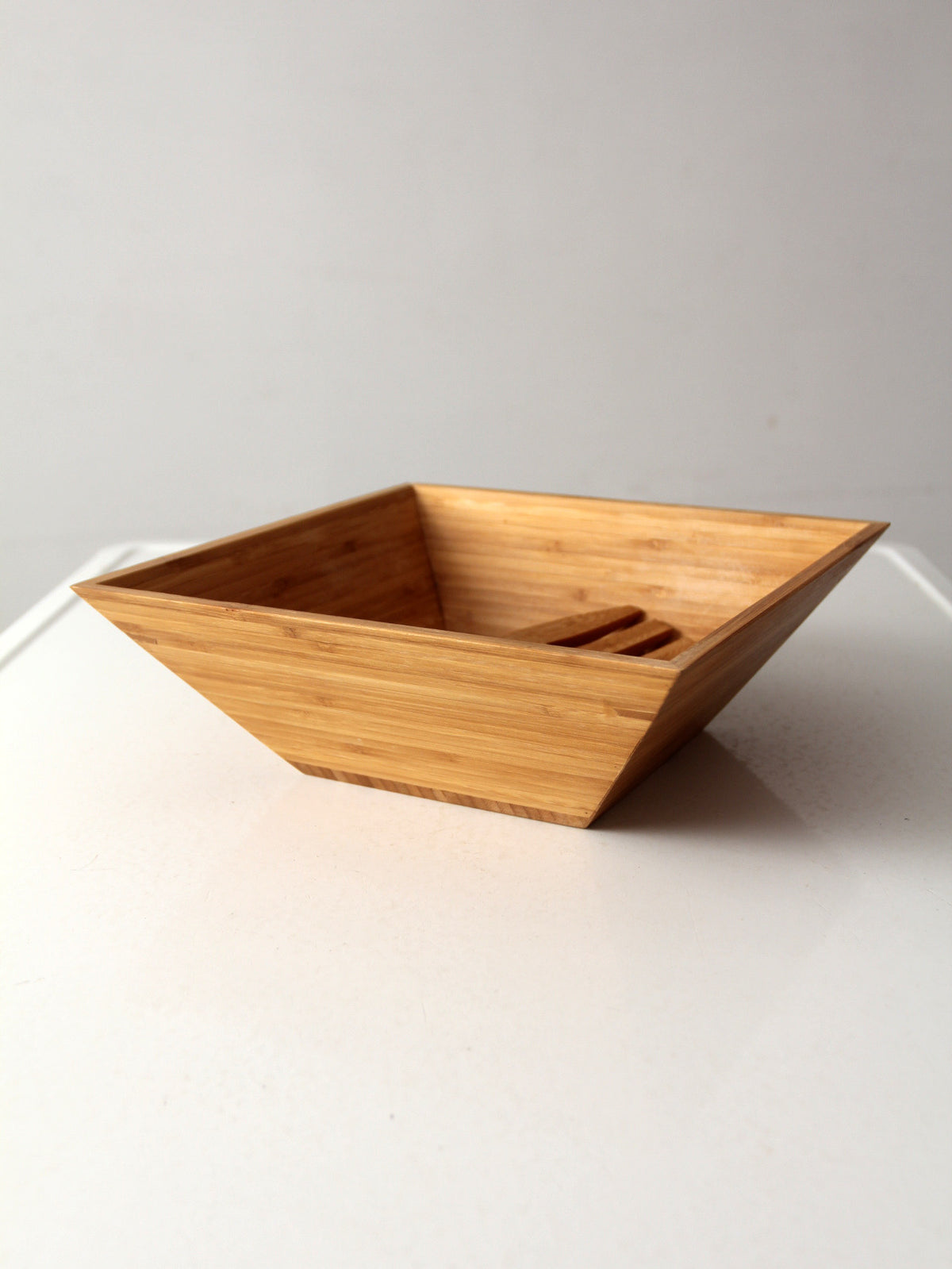 vintage bamboo salad serving bowl with hand-shaped servers