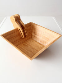 vintage bamboo salad serving bowl with hand-shaped servers