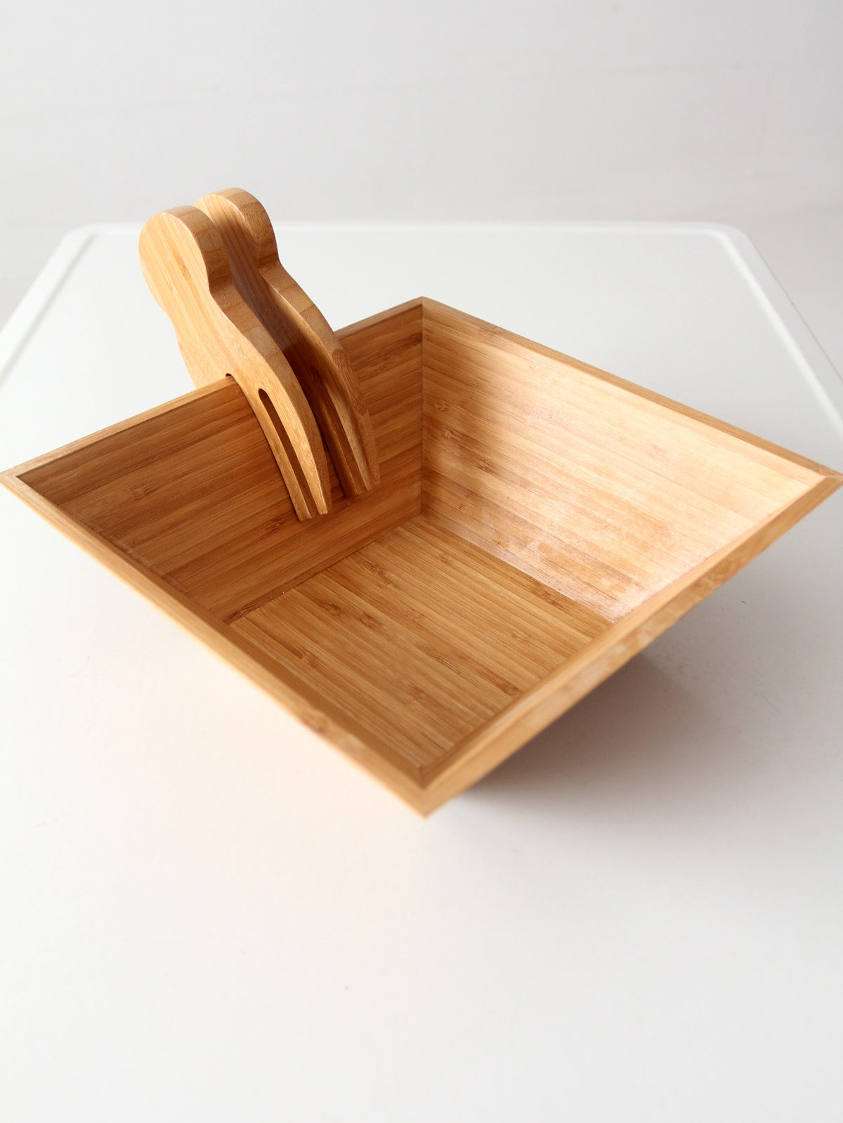 vintage bamboo salad serving bowl with hand-shaped servers