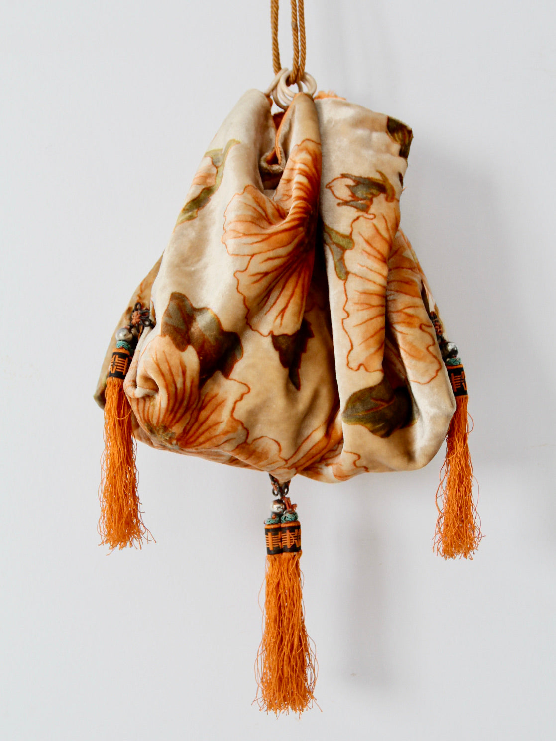 antique floral drawstring purse with tassels