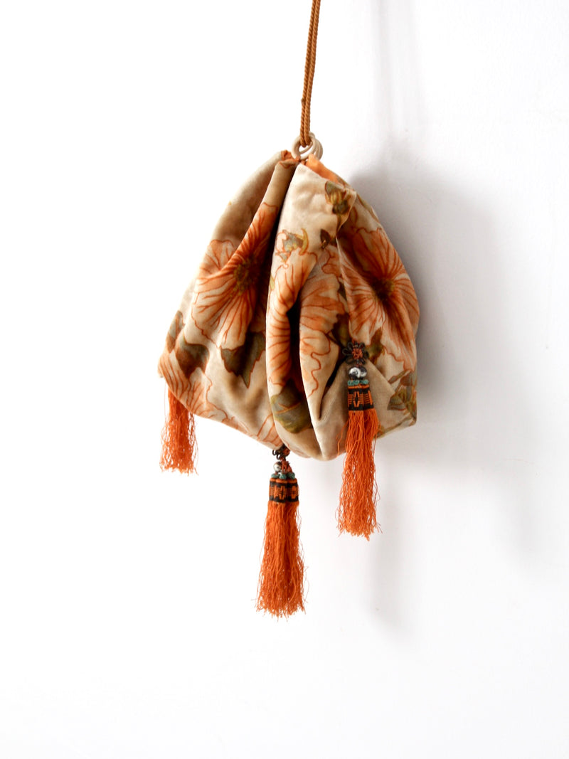 antique floral drawstring purse with tassels