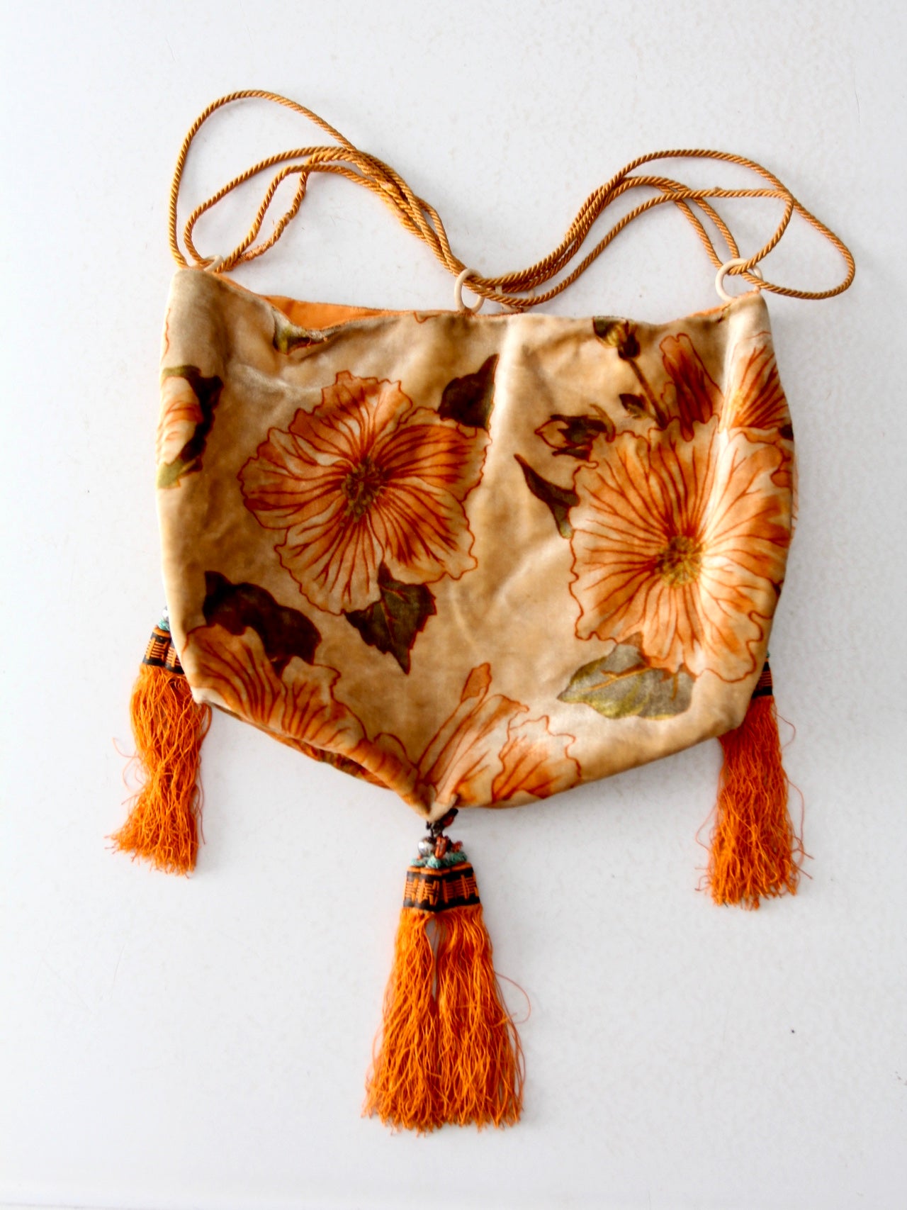antique floral drawstring purse with tassels