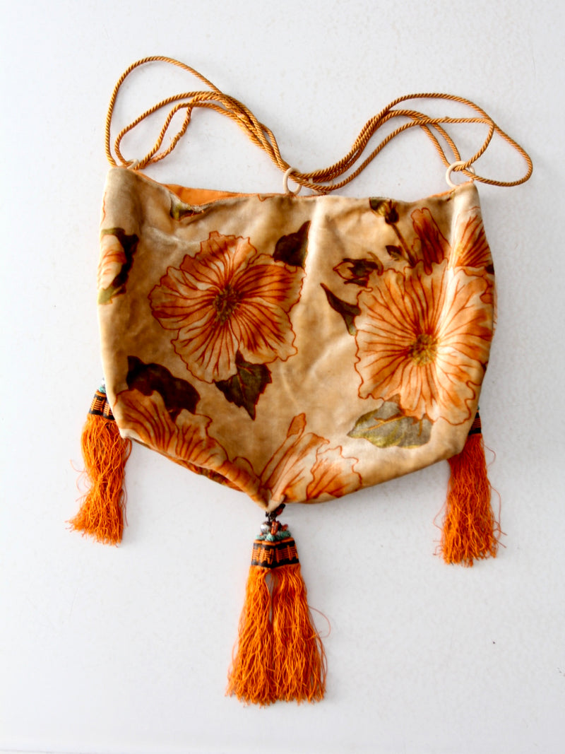 antique floral drawstring purse with tassels