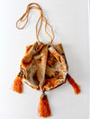 antique floral drawstring purse with tassels