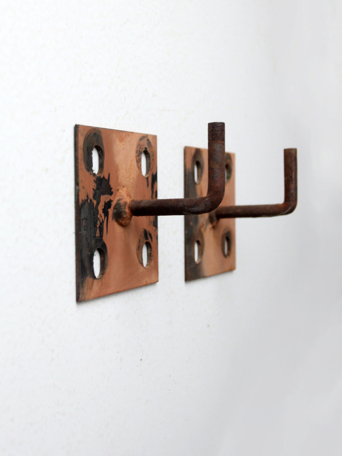 vintage industrial hardwood hooks pair