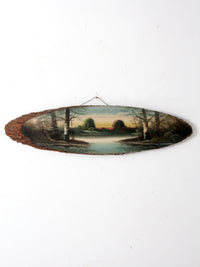 vintage hand painted landscape on wood slab
