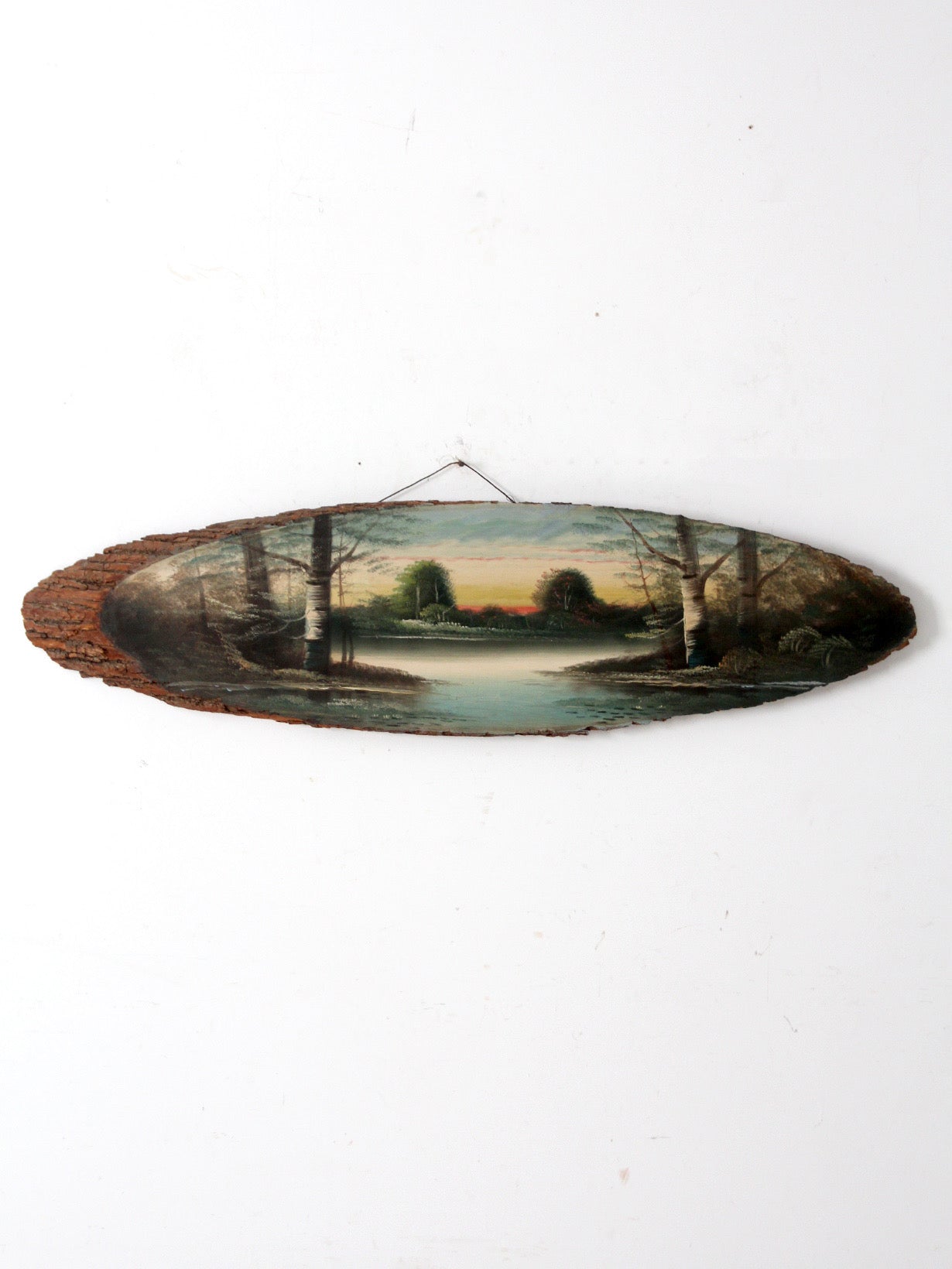 vintage hand painted landscape on wood slab