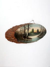vintage hand painted landscape on wood slab