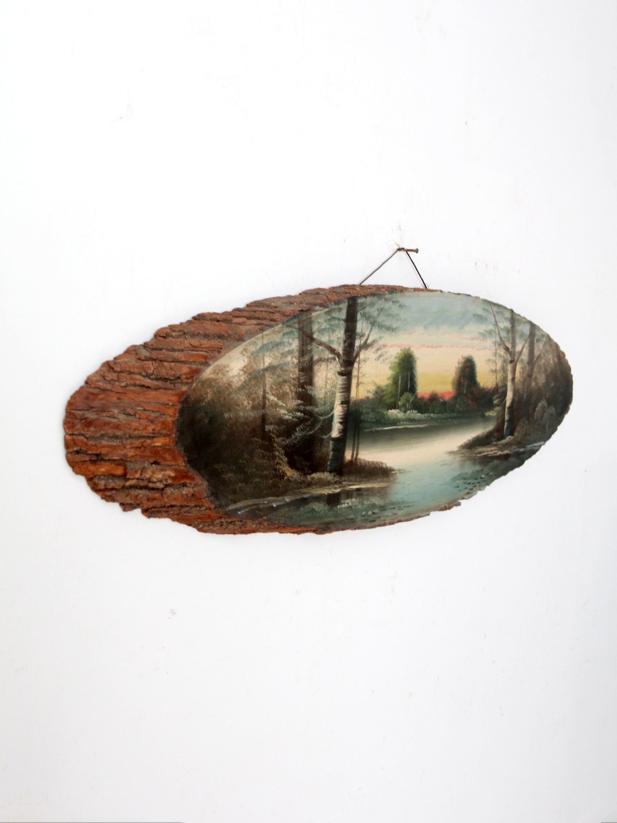 vintage hand painted landscape on wood slab
