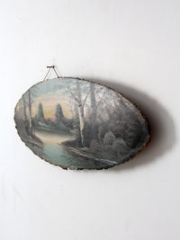 vintage hand painted landscape on wood slab