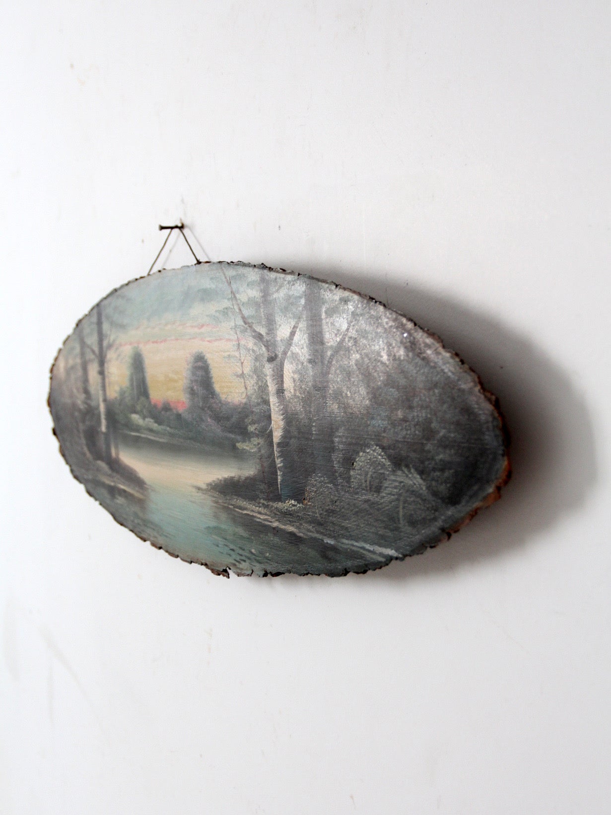 vintage hand painted landscape on wood slab