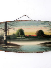 vintage hand painted landscape on wood slab