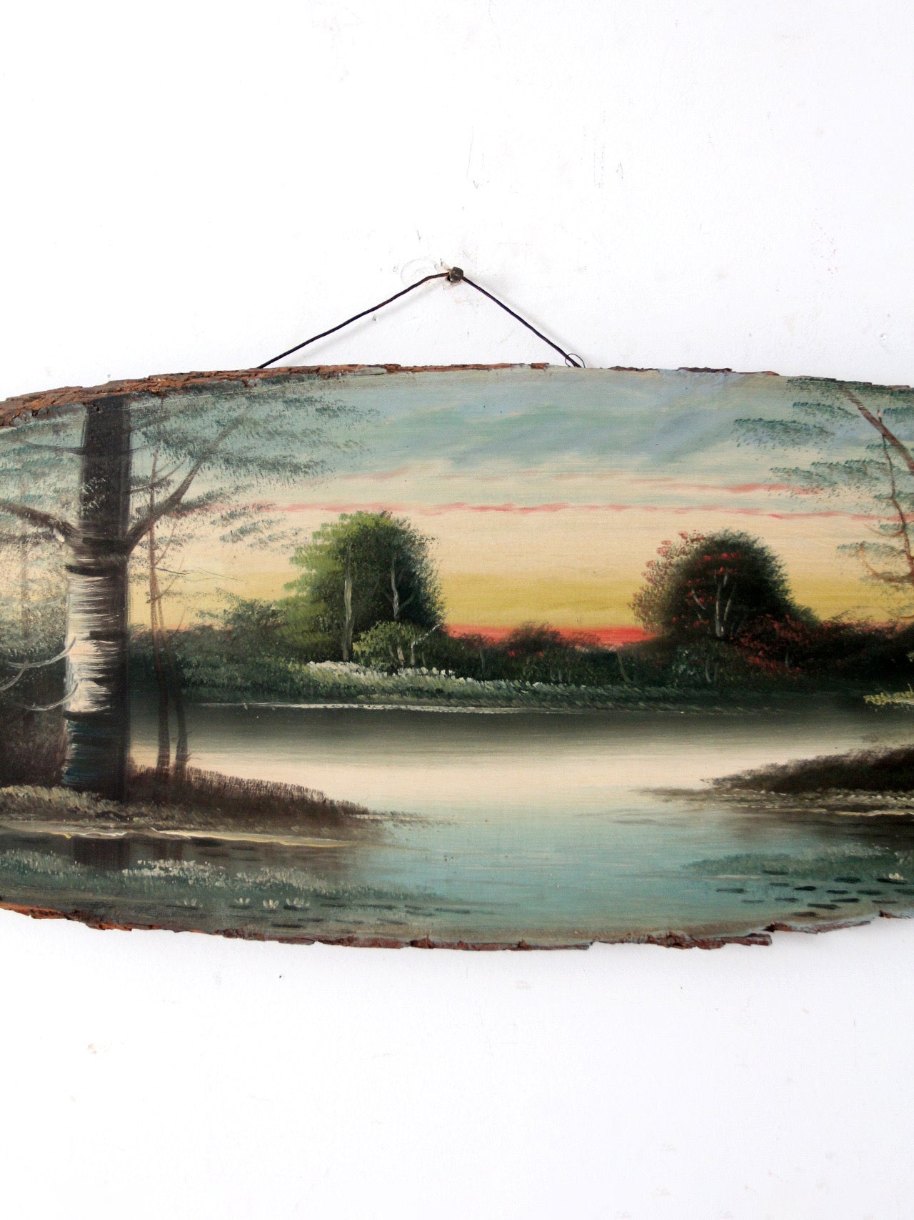 vintage hand painted landscape on wood slab